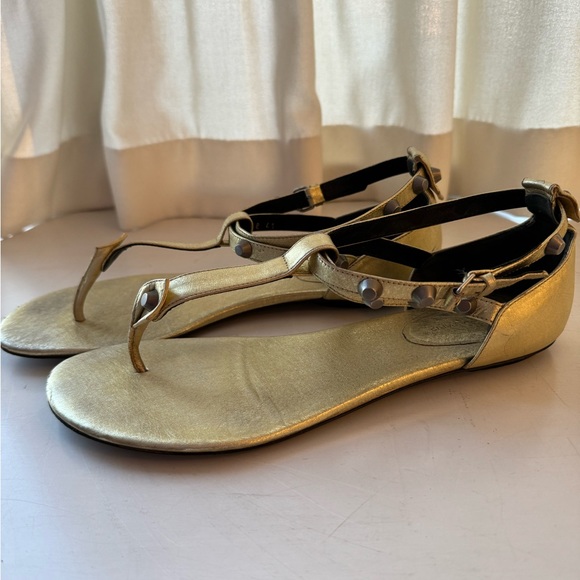 Balenciaga Leather Studded Accent 'City' Strappy Gold Sandals, size 41 - Picture 2 of 5